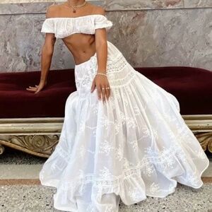 Boho White Floral Print Cottagecore crop Top Maxi Skirt set